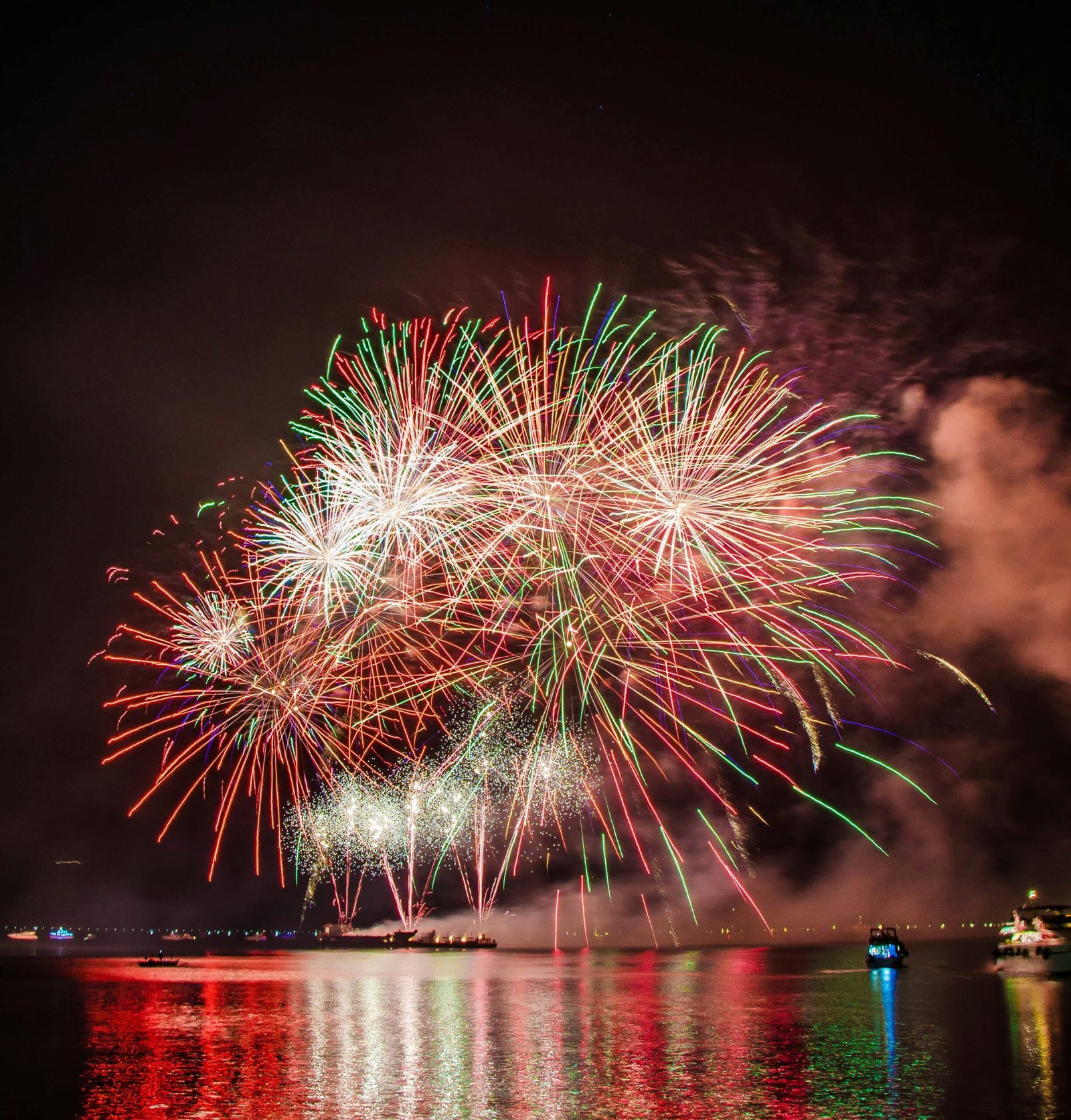Colorful fireworks illuminating the night sky above a serene water body, creating a festive atmosphere.